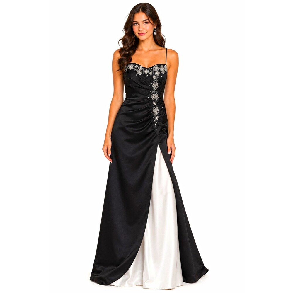 Y2K Jump Apparel Black White Satin A-Line Gown Sweetheart Spaghetti Strap Sz 3/4